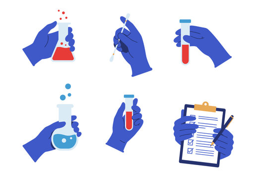 Medical research and laboratory analysis with gloved hands holding test tubes and clipboard