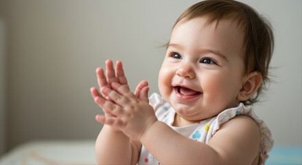 Happy baby clapping hands to music while sitting indoors with natural light  
