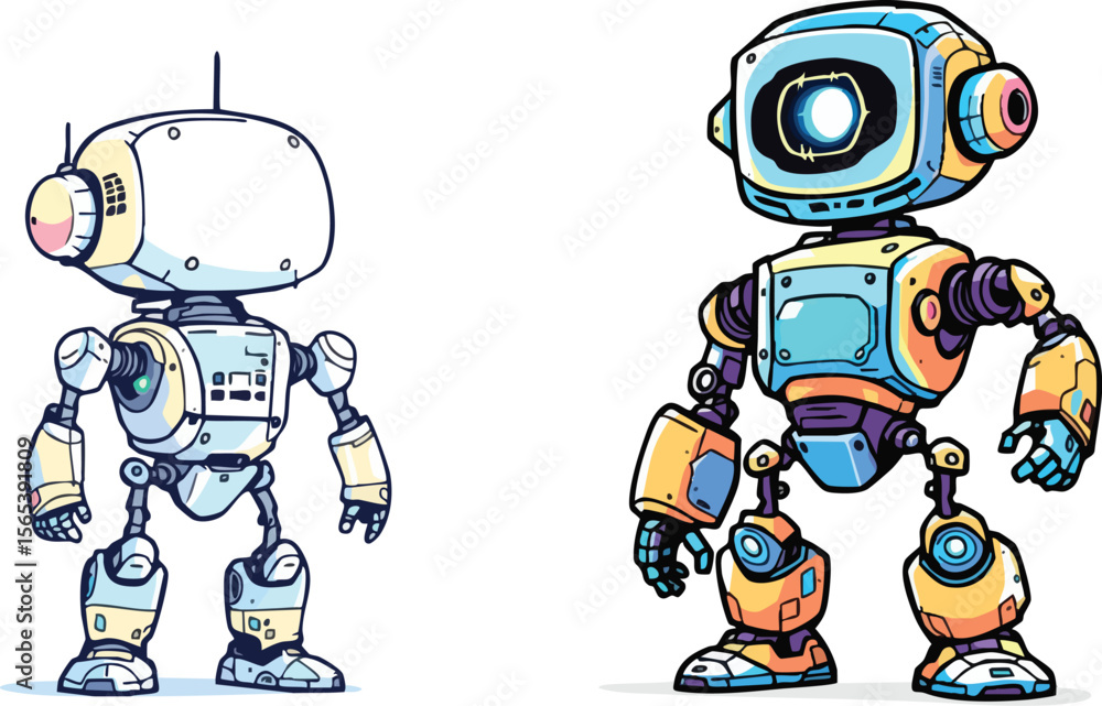Aufkleber two cute cartoon robots in futuristic styles for artificial intelligence and technology concepts.