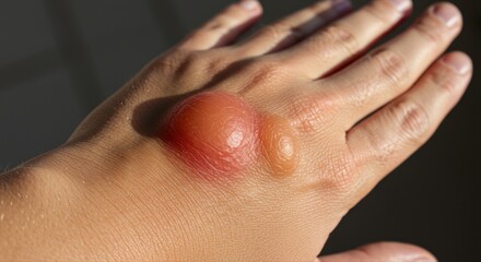 bee sting on swollen hand under natural light  