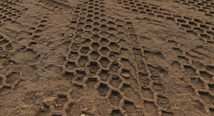 Textured earthy surface featuring deep repeating hexagonal and blockshaped tire prints in dried mud