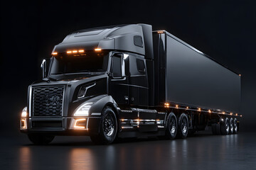 A sleek black truck with a large cargo container, equipped with multiple wheels and prominent headlights, ideal for transportation.