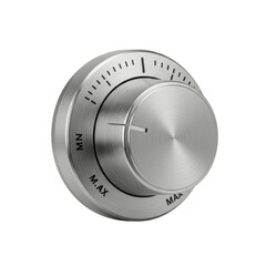 Highly polished silver control knob with brushed texture, circular depression, sharp pointer at mid-range, 'MIN'/'MAX' text, increment markings, isolated on transparent background, ultra