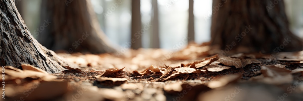 Poster sunlight filters through the trees in a tranquil forest, illuminating the dry leaves covering the gr