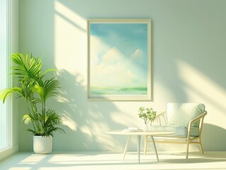 pixel perfect picture of Stylish relaxing room interior with table and panoramic window. Mockup frame high detail