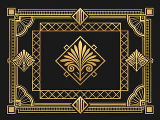 Elegant gold ornamental vintage frame with floral pattern border design on a black background
