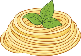 Cartoon illustration of a swirl of spaghetti topped with three basil leaves, isolated on white.