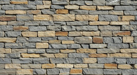 Fototapeta premium Textured wall of roughcut rectangular grey and beige stone blocks with visible mortar joints