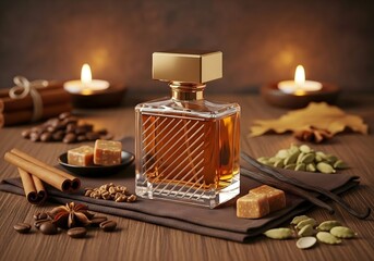 Perfume bottle with golden cap surrounded by aromatic spices and candles, evoking a warm and luxurious scent experience