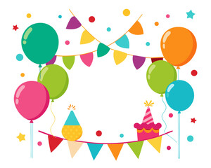 Colorful Birthday Party Vector Graphic with Balloons, Bunting, and Party Hats
