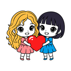  two chibi-style girls holding a heart cute illustration