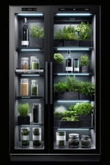 Indoor garden in a climate-controlled cabinet for fresh herbs.