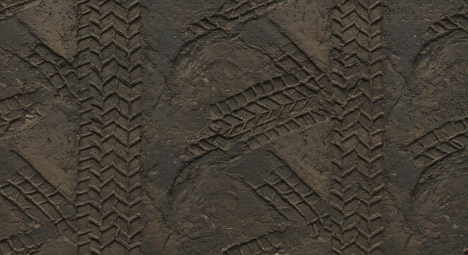 Tire tracks embedded in dark wet mud showing various tread patterns on an uneven surface