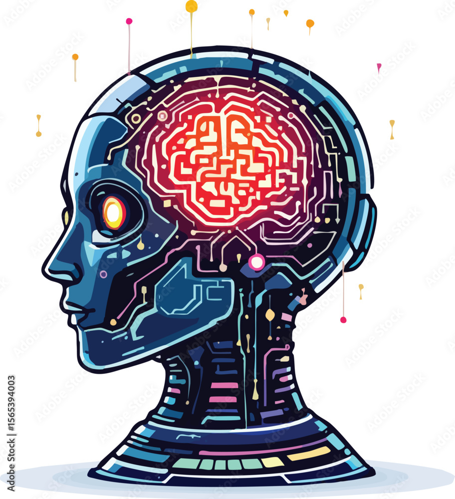 Poster digital illustration depicting a futuristic artificial intelligence robot head with glowing brain.