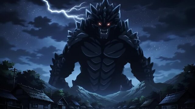 Giant monster towering over a small town at night, rendered in an anime style