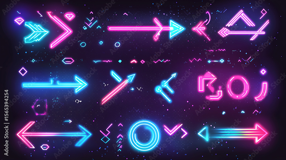 Poster a collection of neon arrows in various colors and shapes