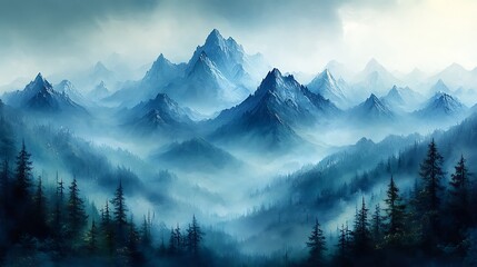 Fototapeta premium Scenic blue mountain range landscape painting with fog and pine trees image