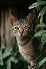 Alert tabby cat among green foliage in natural outdoor setting