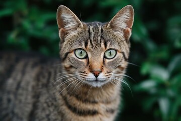 Fototapeta premium Close-up of a green-eyed tabby cat against a leafy background
