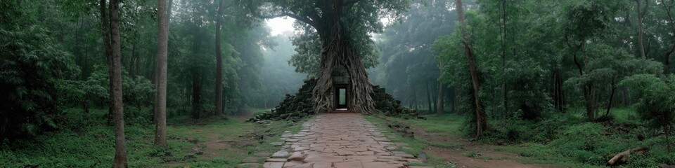 Fototapeta premium Ancient stone temple pathway leads to hidden tree-embraced entrance in dense forest