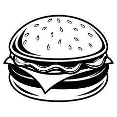 Fototapeta premium Stylized black and white burger illustration with sesame seeds isolated on white background