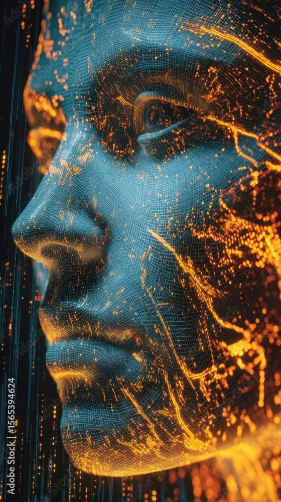 Poster an abstract depiction of a human face rendered in luminous wireframe surrounded by a landscape of di