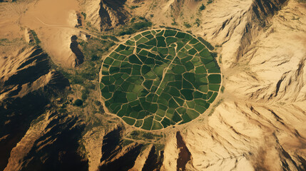 Aerial view of circular green crops in arid desert landscape. Agricultural innovation and sustainable farming in extreme environments