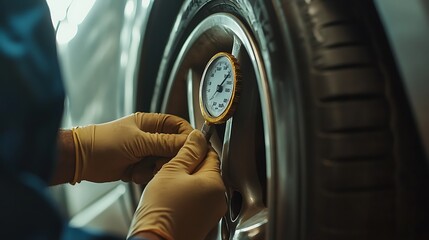 Close-up shot of a mechanic using a tire pressure gauge to check the air pressure of a car tire