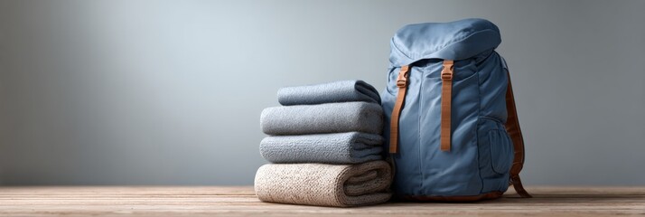 Blue backpack resting alongside neatly folded blankets and clothes on a rustic wooden surface, evoking a sense of preparation for camping adventures or summer travels