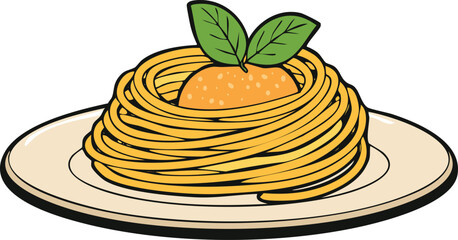 A plate of spaghetti nestles a whole orange, garnished with fresh mint leaves.