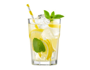 Tall Glass of Lemonade with Straw and Mint Leaves, side view, isolated on transparent background