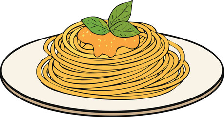 A plate of spaghetti, topped with sauce and basil leaves.