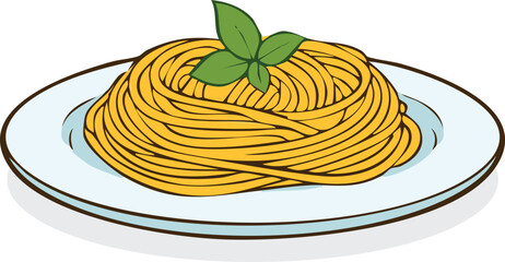 A plate of spaghetti with a basil garnish, presented as a colorful graphic illustration.