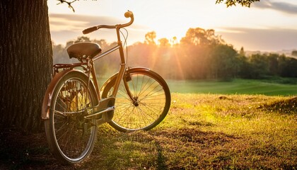 Fototapeta premium an antique bicycle rests against a tree in golden sunlight