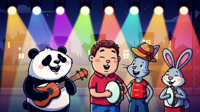 Cartoon band with panda, person, cat, rabbit playing instruments on a stage