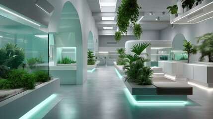 Indoor botanical space with clean design and lush vegetation display.