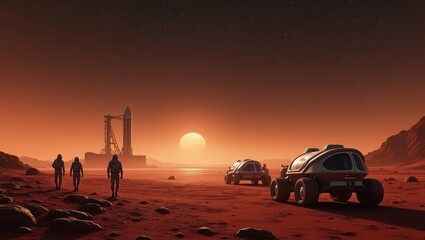 Astronauts walking on mars surface with rovers and rocket launch base during sunset scene on mars