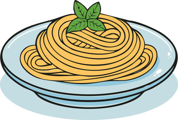A plate of spaghetti topped with fresh basil, presented in a simple, cartoonish style.