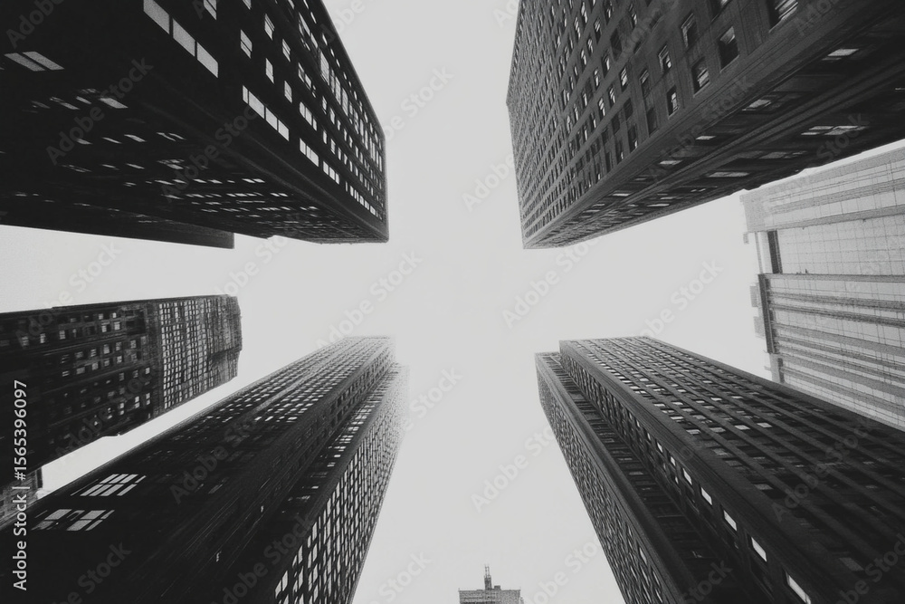 Poster exploring dynamic angles of towering architecture in urban landscape