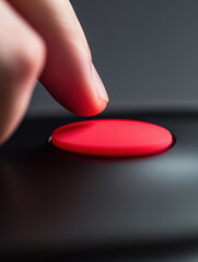 Finger pressing red button on dark surface. Warning, risk, critical decision and emergency concept