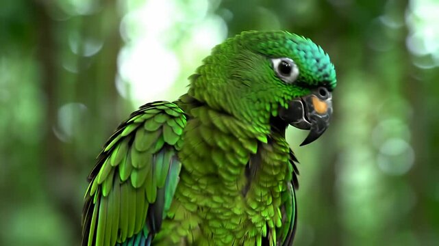 Emerald parrot surveys its domain with lush green plumage in a verdant backdrop