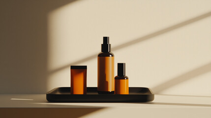 Minimal skincare bottles in warm sunlight on beige background. Natural beauty, wellness and luxury cosmetic branding