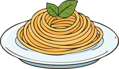 A plate of cooked spaghetti topped with fresh basil leaves.