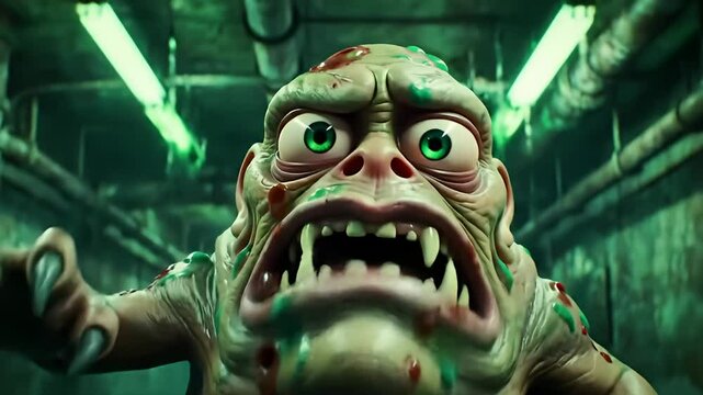 Grotesque green zombie creature with wide eyes and sharp teeth in a tunnel