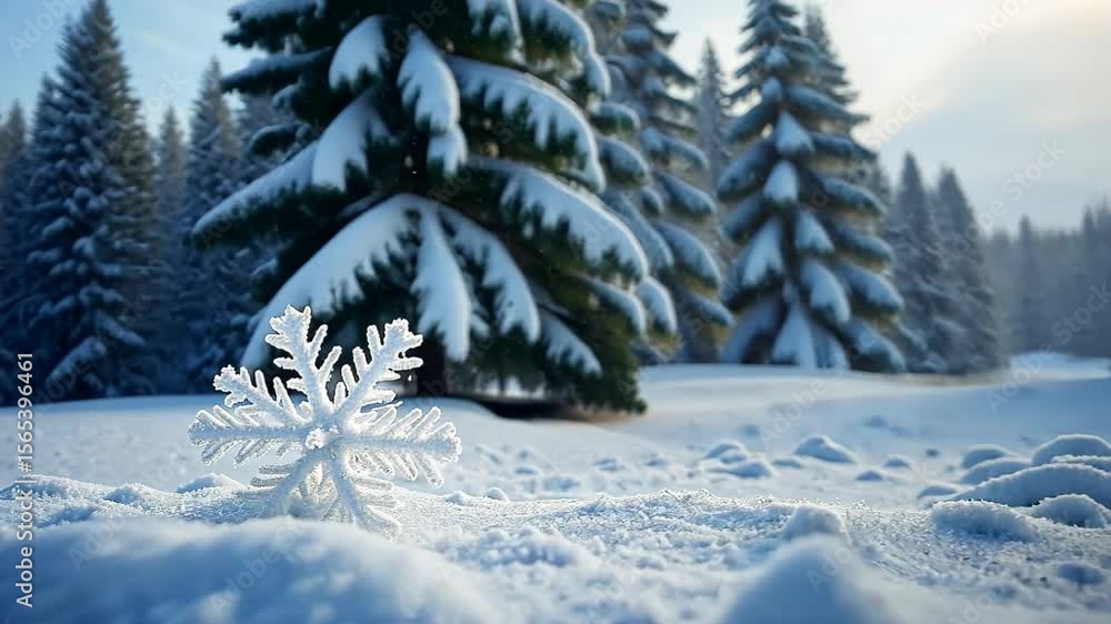 Poster a snowy landscape with large snowflakes in the foreground, snowy trees in the background, soft diffu