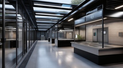 Fototapeta premium Modern interior with glass walls and a bright, open space for work.
