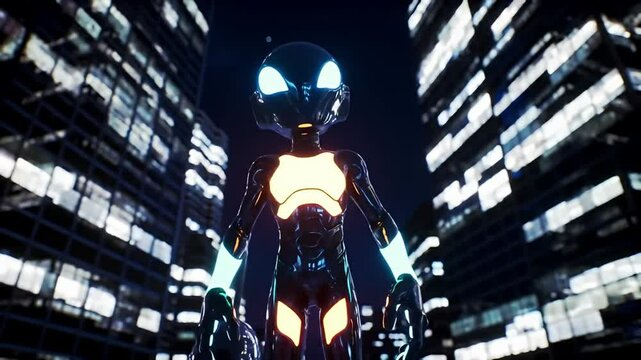 Glowing humanoid figure stands in city street flanked by tall buildings at night