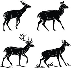 Deer Silhouette Set Vector Illustration in Simple Flat Black Style