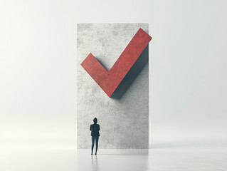Man stands in front of a wall with a red check mark on it. The check mark is surrounded by a red square, and the man is looking at it. Concept of importance and significance