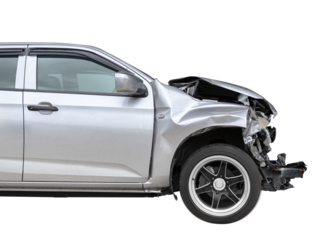 Car crash, Side view of pick up get damaged by accident on the road. damaged cars after collision. isolated on transparent background.